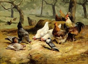 Federvieh Im Obstgarten by Cornelis van Leemputten