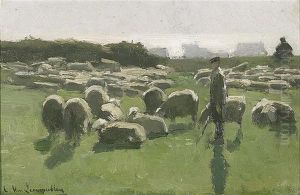 Bergers Et Moutons Au Paturage by Cornelis van Leemputten