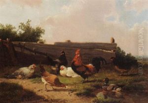 Chickens Accompanied By A Duck by Cornelis van Leemputten