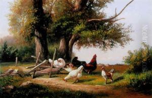 Chickens Feeding On A Country Lane by Cornelis van Leemputten