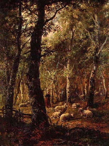 Shepherdess And Flock In The Woods - view 1