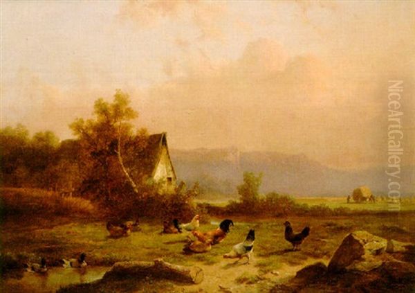 Poultry Near A Barn With Harvesters Working In A Field Beyond - view 1