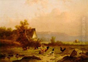 Poultry Near A Barn With Harvesters Working In A Field Beyond by Cornelis van Leemputten