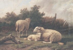 Two Sheep And A Lamb Resting In A Field by Cornelis van Leemputten