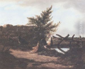 Chickens And A Rooster By A Pond by Cornelis van Leemputten