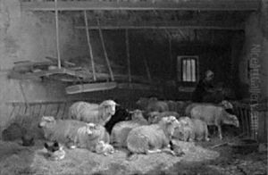 A Peasant Woman Feeding Sheep In A Stable by Cornelis van Leemputten