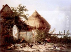 Figures With Dogs And Poultry Before Farm Buildings by Cornelis van Leemputten