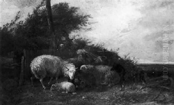 Shepherd And Sheep Sheltering From A Storm - view 1
