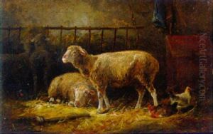 Sheep And Chickens In A Barn by Cornelis van Leemputten