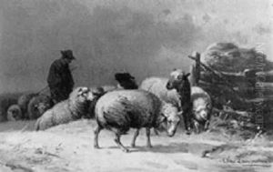 A Shepherd And Flock In A Snowstorm by Cornelis van Leemputten