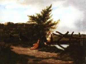Roosters By A Pond by Cornelis van Leemputten