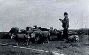 A Shepherd And Flock by Cornelis van Leemputten