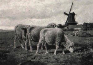 Grazing Sheep, Farm And Windmill In The Distance by Cornelis van Leemputten