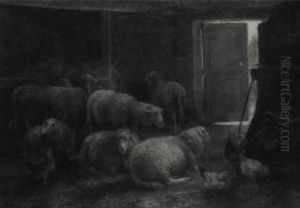 Sheep And Poultry In A Barn by Cornelis van Leemputten