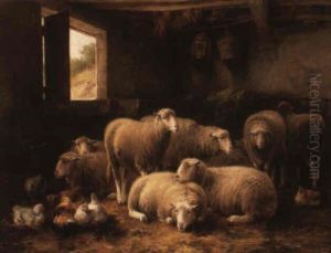 Sheep And Poultry In A Stable by Cornelis van Leemputten