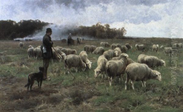 Herder Met Kudde Op Het Veld - view 1