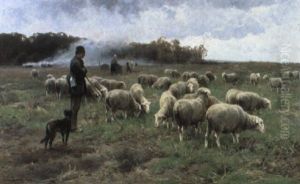 Herder Met Kudde Op Het Veld by Cornelis van Leemputten