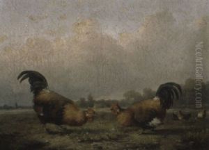Cockerels In A Meadow by Cornelis van Leemputten