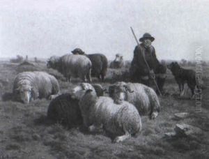Schafer Mit Seiner Herde In Weidelandschaft by Cornelis van Leemputten