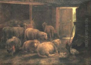 Sheep And Poultry In A Barn by Cornelis van Leemputten