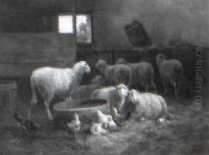 Chickens And Sheep In A Stable by Cornelis van Leemputten