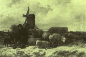Shepherd And His Flock With Distant Windmill by Cornelis van Leemputten