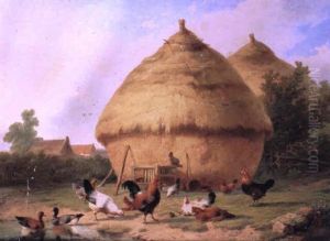 Poultry Before Haystacks In A Landscape by Cornelis van Leemputten