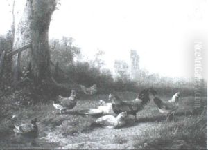 Farmyard With Chickens And Castle by Cornelis van Leemputten