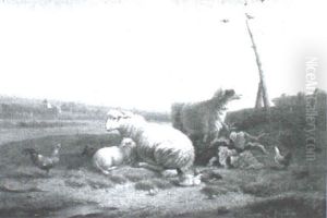 Sheep And Chickens In Rural Landscape by Cornelis van Leemputten