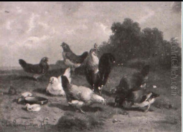 Hens And Roosters In A Landscape - view 1