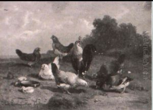 Hens And Roosters In A Landscape by Cornelis van Leemputten