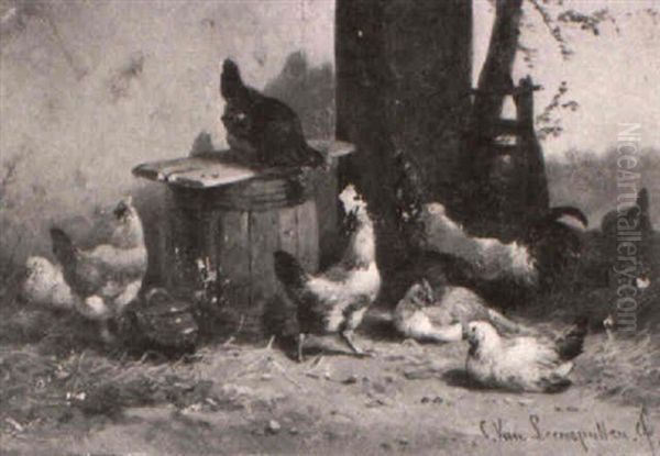Chickens And Roosters With Barrel - view 1