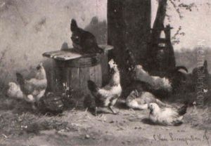 Chickens And Roosters With Barrel