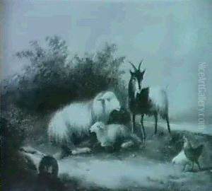 Schafe, Ziege Und Huhner Vor Landschaft by Cornelis van Leemputten