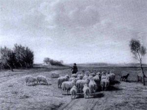 Schafer Mit Seiner Herde Auf Einem Wiesenstuck Am Feldweg by Cornelis van Leemputten