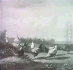 Chickens In A Landscape. by Cornelis van Leemputten