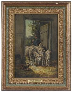 Sheep At A Barn Door by Frans Van Leemputten