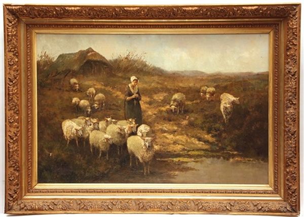 Shepherdess With Sheep By A Stream - view 1