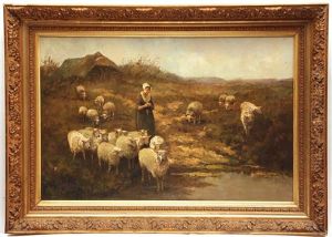 Shepherdess With Sheep By A Stream by Frans Van Leemputten