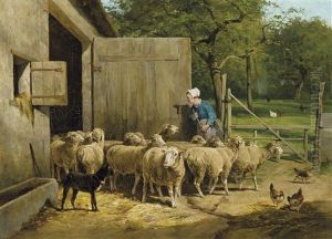 Fermiere Et Moutons Pres De L'etable by Frans Van Leemputten