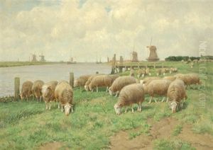 Sheep Grazing By A River With Windmills In The Background by Frans Van Leemputten