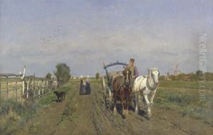 Feldweg Mit Jungen Bauern Auf Einem Pferdefuhrwerk, Im Hintergrund Zwei Bauernmagde Feldweg Mit Jungen Bauern Auf Einem Pferdefuhrwerk, Im Hintergrund Zwei Bauernmagde