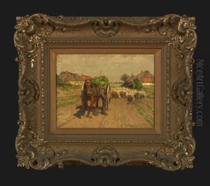 View Of A Country Road With A Herder And His Flock by Frans Van Leemputten