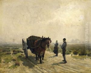Begegnung Auf Dem Feldweg. Landsknecht Bei Seinem Einspanner, Mit Einer Magd Parlierend by Frans Van Leemputten