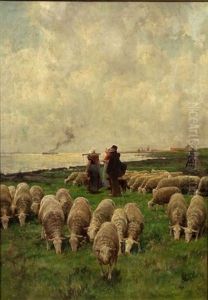 Grazing Flock On The Shore by Frans Van Leemputten
