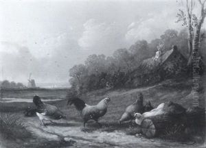 Weite Landschaft Mit Huhnern Vor Einem Bauernhaus by Frans Van Leemputten