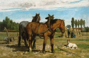 Rustende Paarden Op Het Veld by Frans Van Leemputten