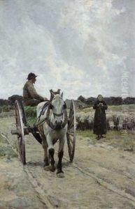 Charrette A Cheval Et Gardienne De Moutons by Frans Van Leemputten