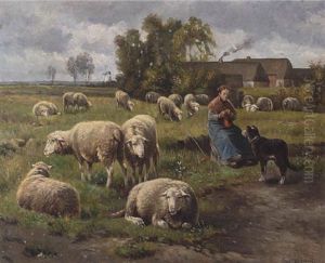 Bauerin Mit Schafen Auf Der Weide by Frans Van Leemputten