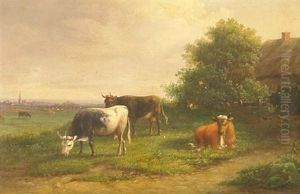 Weidendes Vieh Vor Kate In Sommerlicher Landschaft, Im Hintergrund Die Silhouette Einer Stadt